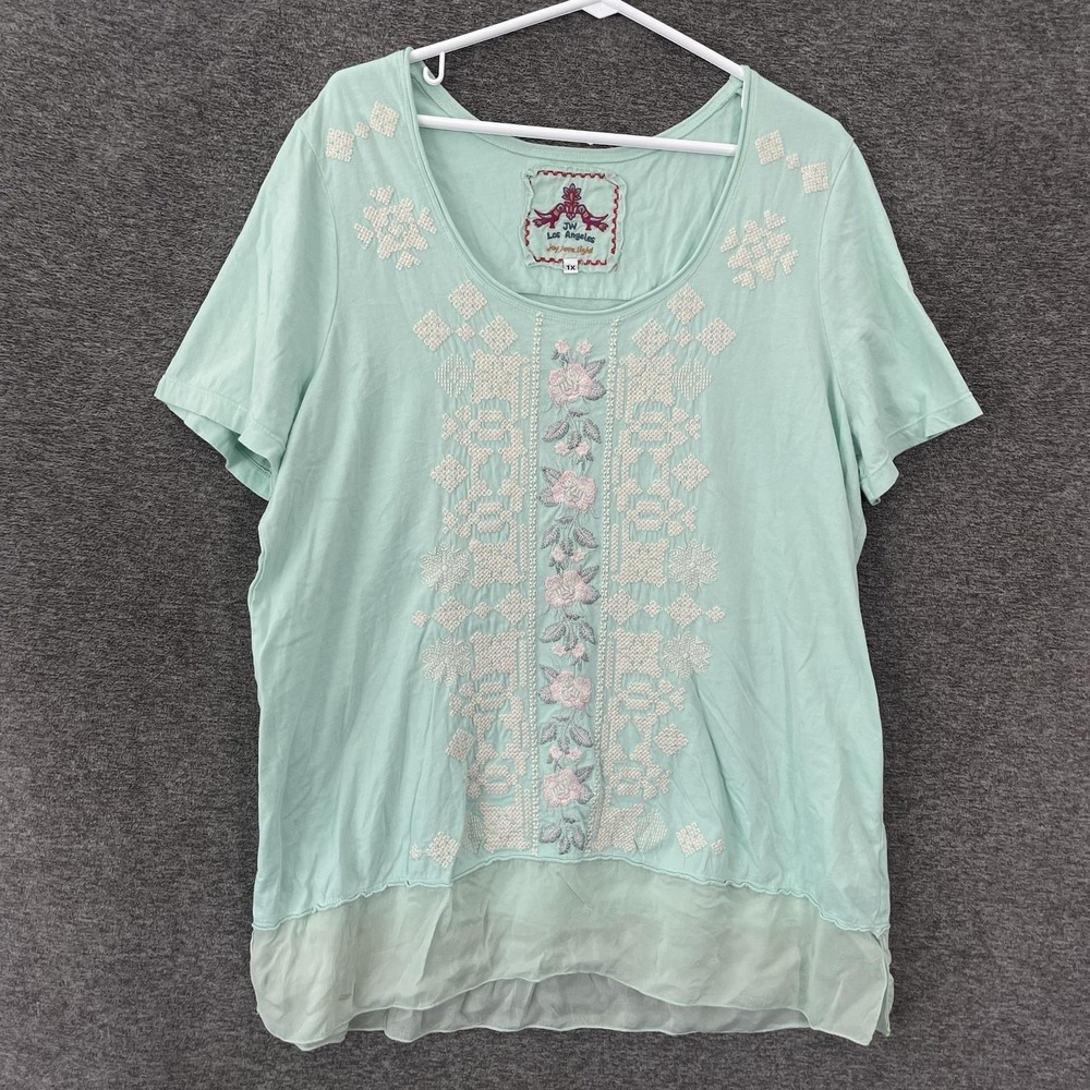 JW Los Angeles Tunic Top Womens 1X Green Embroidered Beaded Floral Sheer Hem